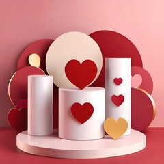 Artistic display of cylindrical pedestals with decorative hearts in a modern and elegant composition on a red background.