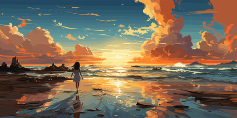 Wall Mural - Vector evening sky clouds. Anime clean style
