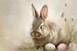 Happy Easter Eggs Basket Public holiday. Bunny in flower easter lilac decoration Garden. Cute hare 3d Rabbit easter rabbit spring illustration. Holy week rose vine card wallpaper Spectrum