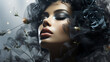 © Anchalee - Beautiful woman face covered with black rose,Gold laves in double exposure with blurry background,Concept for Winter season cosmetics, beauty products for Christmas holiday promotion. Generative AI..