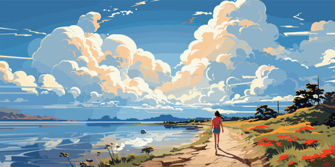 Wall Mural - Vector blue sky clouds. Anime clean style. Background desig