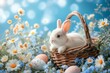 Happy Easter Eggs Basket rabbit. Bunny in flower easter grass green decoration Garden. Cute hare 3d cobalt blue easter rabbit spring illustration. Holy week optimistic card wallpaper spoof