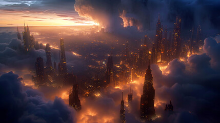 Wall Mural - Dramatic scenic panorama of a modern city with skyscraper towers, storm clouds, and sun rising. Metropolis aerial top view on a sunset