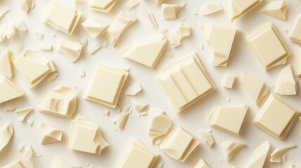 Wall Mural - Abstract banner with pieces of white chocolate on a white background. Chocolate background.