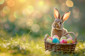 Wall Mural - Happy Easter Eggs Basket furnishings. Bunny in flower easter crafted greeting decoration Garden. Cute hare 3d Quirky easter rabbit spring illustration. Holy week jovial card wallpaper seal