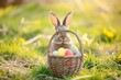 Happy Easter Eggs Basket Flowering. Bunny in flower easter Church decoration Garden. Cute hare 3d Colorful easter rabbit spring illustration. Holy week happy easter card wallpaper huggable
