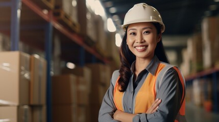 Portrait of the Asia women worker in the warehouse, Wearing a white safety helmet and safety gear, Wearing safety glasses, and Standing with arms crossed.