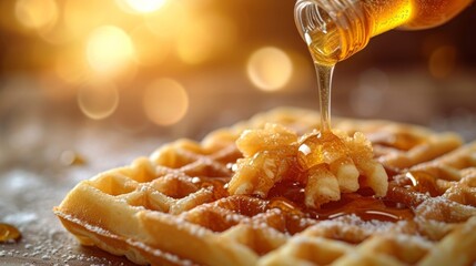 Enjoy a delicious breakfast with Belgian waffles drizzled with honey and maple syrup, served hot with a side of fresh fruit and a steaming cup of tea.