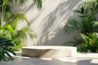 © Mickey - Marble podium bathed in sunlight, accompanied by tropical plants in a serene architectural setting