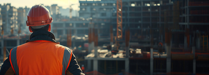 A construction engineer standing on a building site wearing a protective helmet and uniform. Rear view looking at a building under construction.