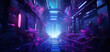 A cyberpunk-themed corridor at night, illuminated by blue and purple neon lights. Metallic structures and wild plants coexist, creating a futuristic urban scene.