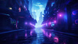 A cyberpunk cityscape at night, bathed in neon lights of blue and purple hues, reflecting off wet urban streets amidst futuristic architecture.