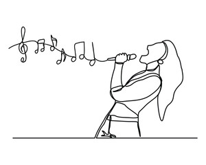Wall Mural - Continuous single line sketch drawing of beautiful young woman sing a song karaoke with microphone and music notes key. One line art of musician singer vector illustration