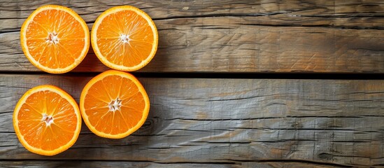 Wall Mural - Three oranges, including Rangpur, Valencia, and Clementine, are sliced in half and placed on a wooden table as a fresh fruit display.