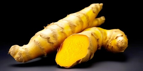 AI generated illustration of fresh turmeric isolated on dark background