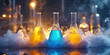 Colorful laboratory flasks emitting smoke on a table with a bokeh light background.