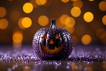 Wall Mural - AI generated illustration of a purple glittered pumpkin in front of a bokeh background