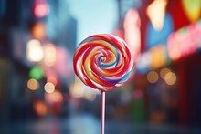 AI Generated Illustration Of An Oversized Lollipop On A Stick Sits In The Middle Of A City Street