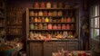 AI-generated illustration of a well-stocked pantry with a variety of canned goods.