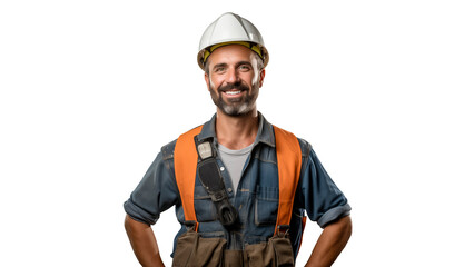 Wall Mural - happy builder cut out. smiling builder man with helmet on transparent background
