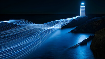 Wall Mural - Neon light trails forming a lighthouse in a coastal setting isolated on black background. Created with generative AI.