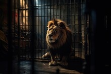 AI Generated Illustration Of A Lion Standing Inside An Open-air Cage, Looking Outwards