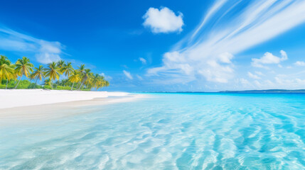 Wall Mural - Tropical beach paradise with clear blue water, white sand, and palm trees under a sunny sky