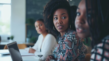 Wall Mural - Young creative African American female businesswomen looking camera working with 3 stylists partnership woman in casual dress, sitting in workplace modern office, technology laptop computer on table