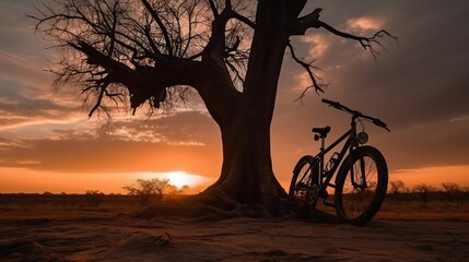 Wall Mural - ai generated illustration of a bicycle parked against a tall tree at sunset