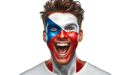 Wall Mural - man soccer fun portrait with painted face of czech national flag isolated on transparent background