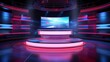 Dynamic news studio set with anchorman table, digital screens, and neon illumination - vector illustration