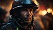 © Wirestock - AI generated illustration of a firefighter in a protective helmet standing against fire flames