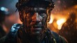 © Wirestock - AI generated illustration of a firefighter in a protective helmet standing against fire flames