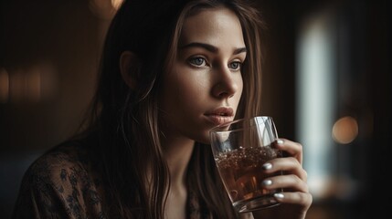 Wall Mural - a woman drinking from a glass in a dark room with light coming through