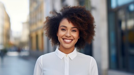 Wall Mural - Smiling young African American businesswoman in the city. Portrait of a happy African female in a business suit standing outdoors on a summer day. Pretty African girl in a classic suit walking outside