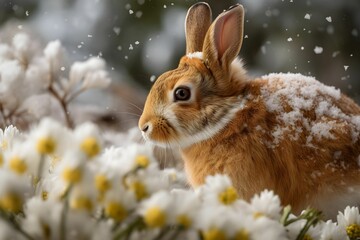 Wall Mural - AI generated illustration of a rabbit sitting in the snow among a cluster of blooming flowers
