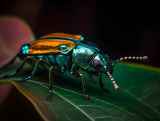 Wall Mural - AI generated illustration of a small green bug resting on a flat leaf