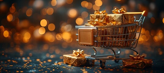 Wall Mural - Golden Gift Basket with Golden Presents and Gold Glitter Background Generative AI