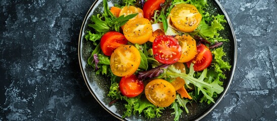 Wall Mural - A healthy salad made with fresh ingredients like tomatoes, lettuce, and carrots, served on a plate on a table.