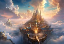 A Fantasy Castle On A Hill Surrounded By Clouds And Lights