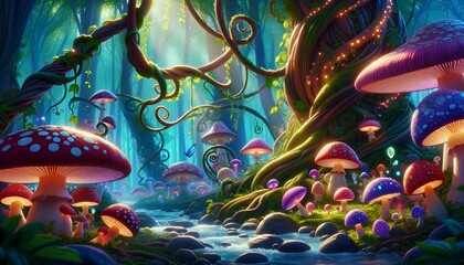 Wall Mural - Enchanted Forest Wonderland with Luminous Mushrooms and Stream