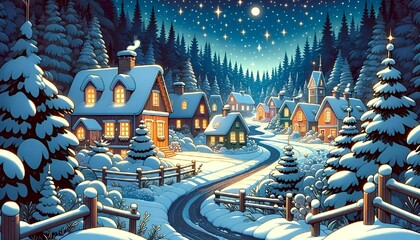 Wall Mural - Enchanted Winter Night in a Cartoon-Style Snowy Village