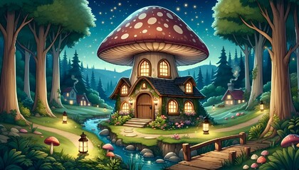 Wall Mural - enchanting mushroom cottage in a magical forest clearing