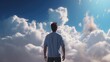 young man on the clouds. the guy died and went to heaven and smiles. man looks at the sky. life after death