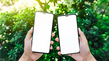 Two hands holding smartphones with blank screens