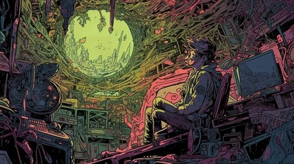 Poster - detailed comic-book art of a young man studying from his home office, ai-generated