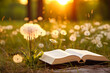 a book in nature near a dandelion