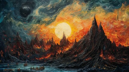 AI generated illustration of an oil painting with battlefield in fire surrounded by cliffs and boats