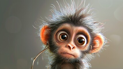Wall Mural - AI portrait of a funny, cute, big-eyed, furry monkey