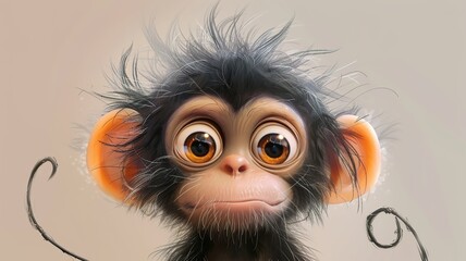 Wall Mural - AI portrait of a funny, cute, big-eyed, furry monkey